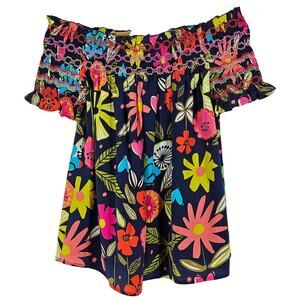 TRINA TURK WOMEN'S OFF-THE-SHOULDER BLOUSE – FLORAL PATTERN 100% SILK SIZE SMALL